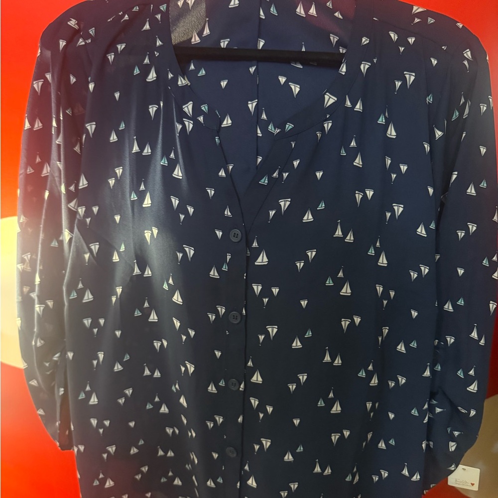Navy Button-Up Shirt with White Sailboat Print